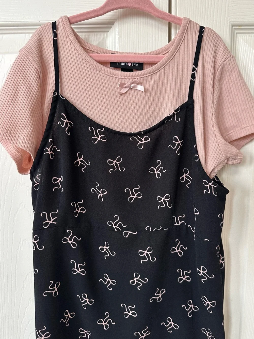 Beautees- Pink Ribbed Tee with Black Bow-Print Slip Dress
